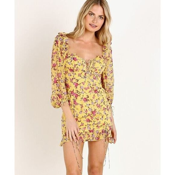 For Love & Lemons Beaumont Mini Dress Yellow Floral ruffle detail size medium - Picture 1 of 8